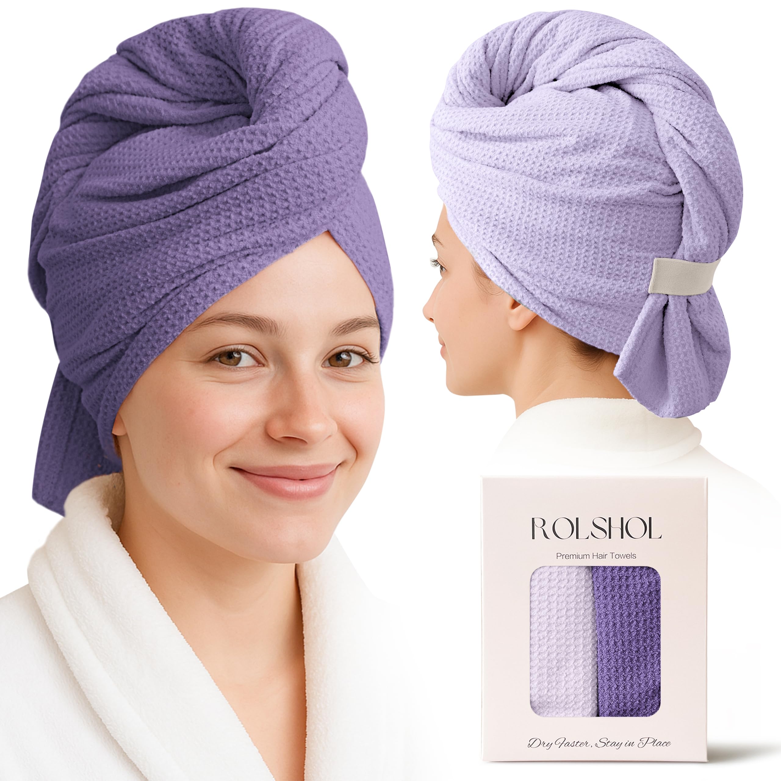 ROLSHOL 2 Pack Waffle Microfiber Hair Towel Wraps for Women, 32 x 11 in