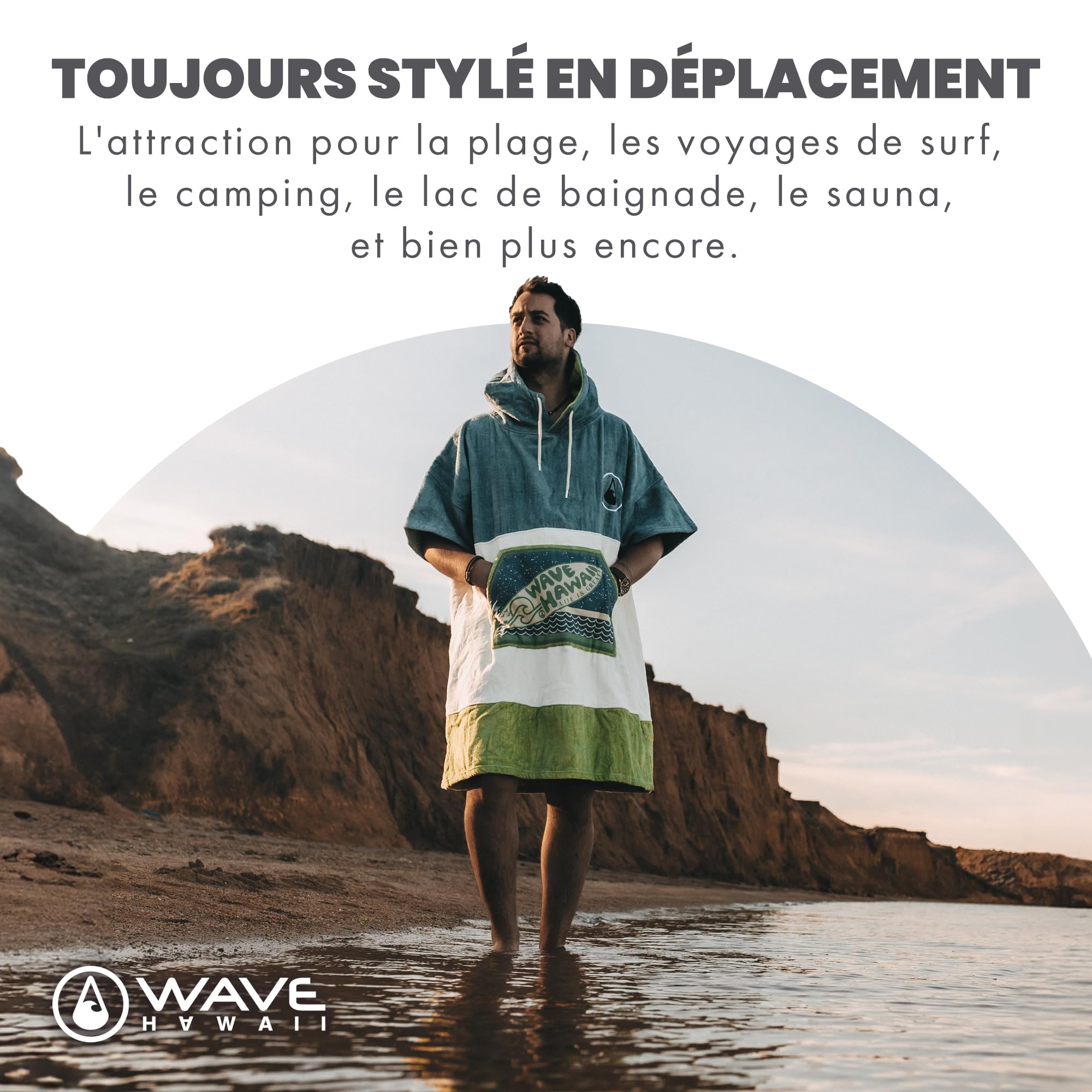 WAVE HAWAII Poncho de bain pour homme et femme - Taille L - 170 à 200 cm - Poncho de surf en coton - Serviette éponge avec haute absorption d'eau - Aide au déménagement pour la plage et les