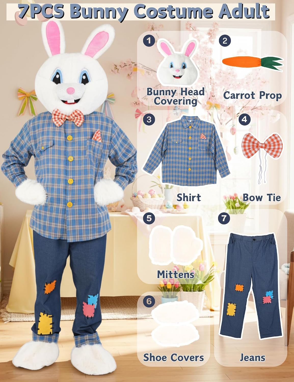 7 Pcs Easter Bunny Costume Adult Rabbit Suit Costume For Men with Headcover Fancy Dress Outfit for Easter Holiday
