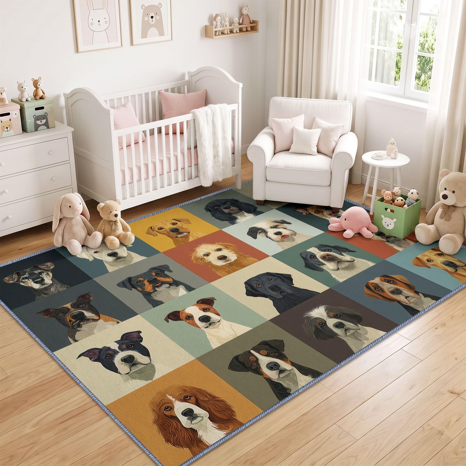 Generisch Mischlingshunde Kids Teppich 160 x 230 cm für Kinderzimmer Pflegeleicht, Tier Teppich Faltbarer rutschfest Waschbarer für Kinderzimmer Schlafzimmer Office