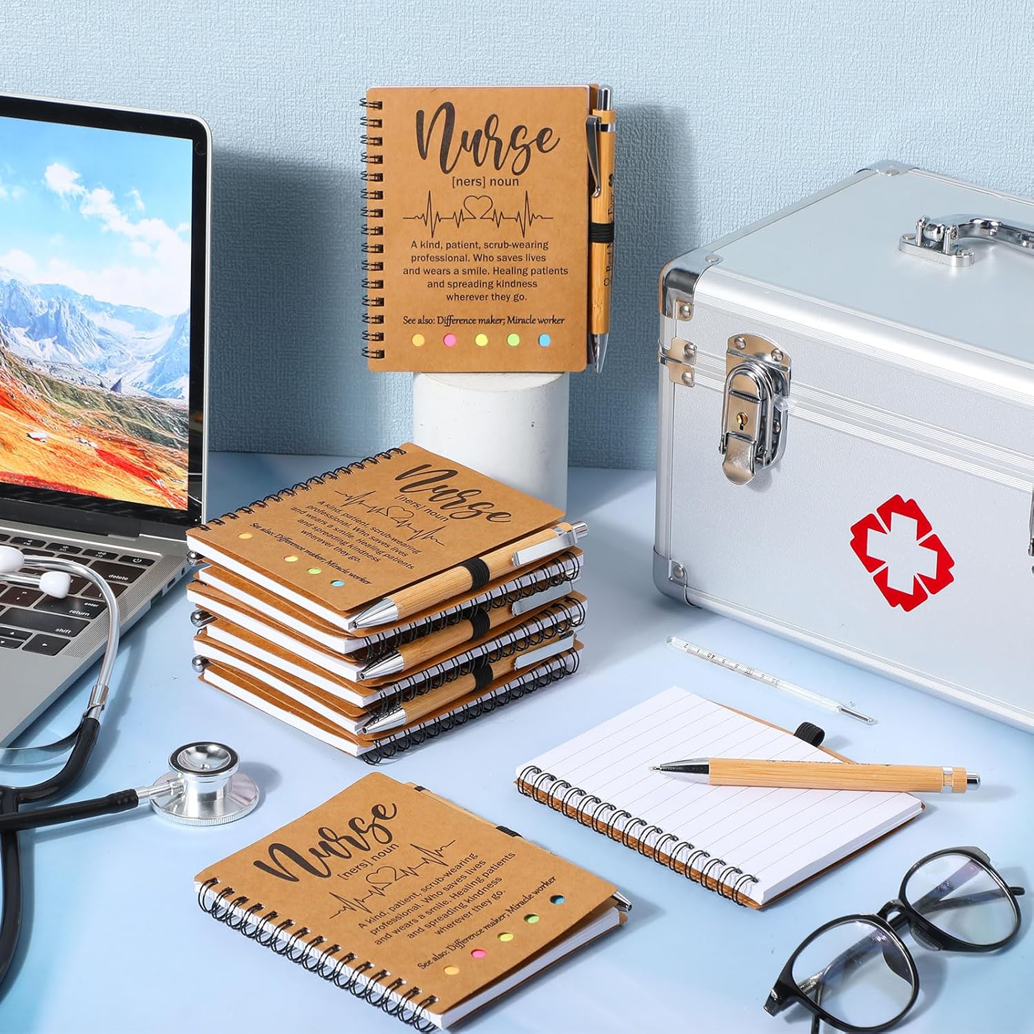 Skyygemm 12 Sets Nurse Appreciation Gifts Bulk 2026 Thank You Gift Notebook with Sticky Notepad Index Tabs with Bamboo Ballpoint Bulk for Nurse Week Medical Graduation Party