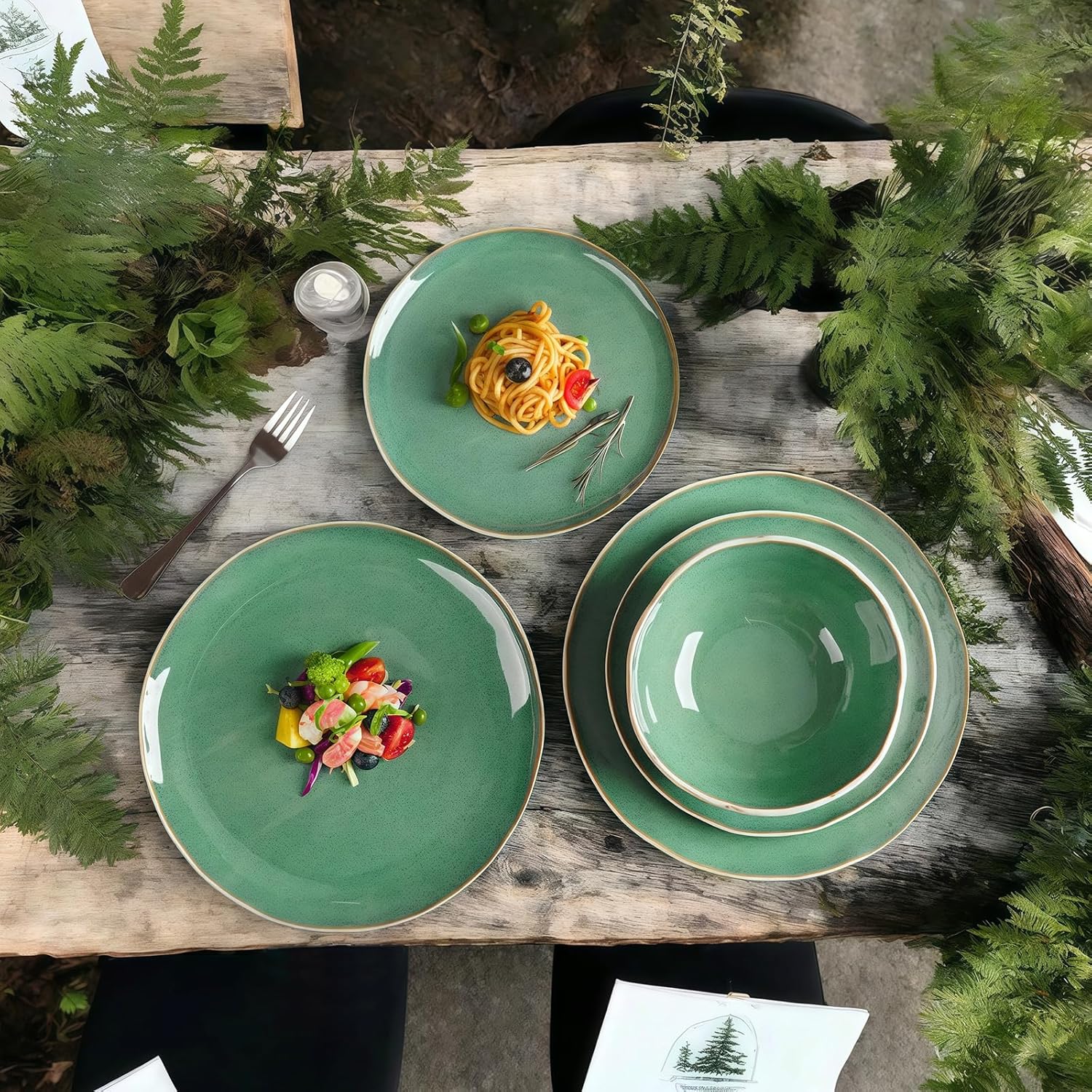 12pcs Dinnerware Set Service for 4, Handmade, Stoneware,Ceramic, Dish Set, Plates and Bowls set, Dinner Set, Reactive Glazed, Microwave and Dishwasher Safe (GREEN)