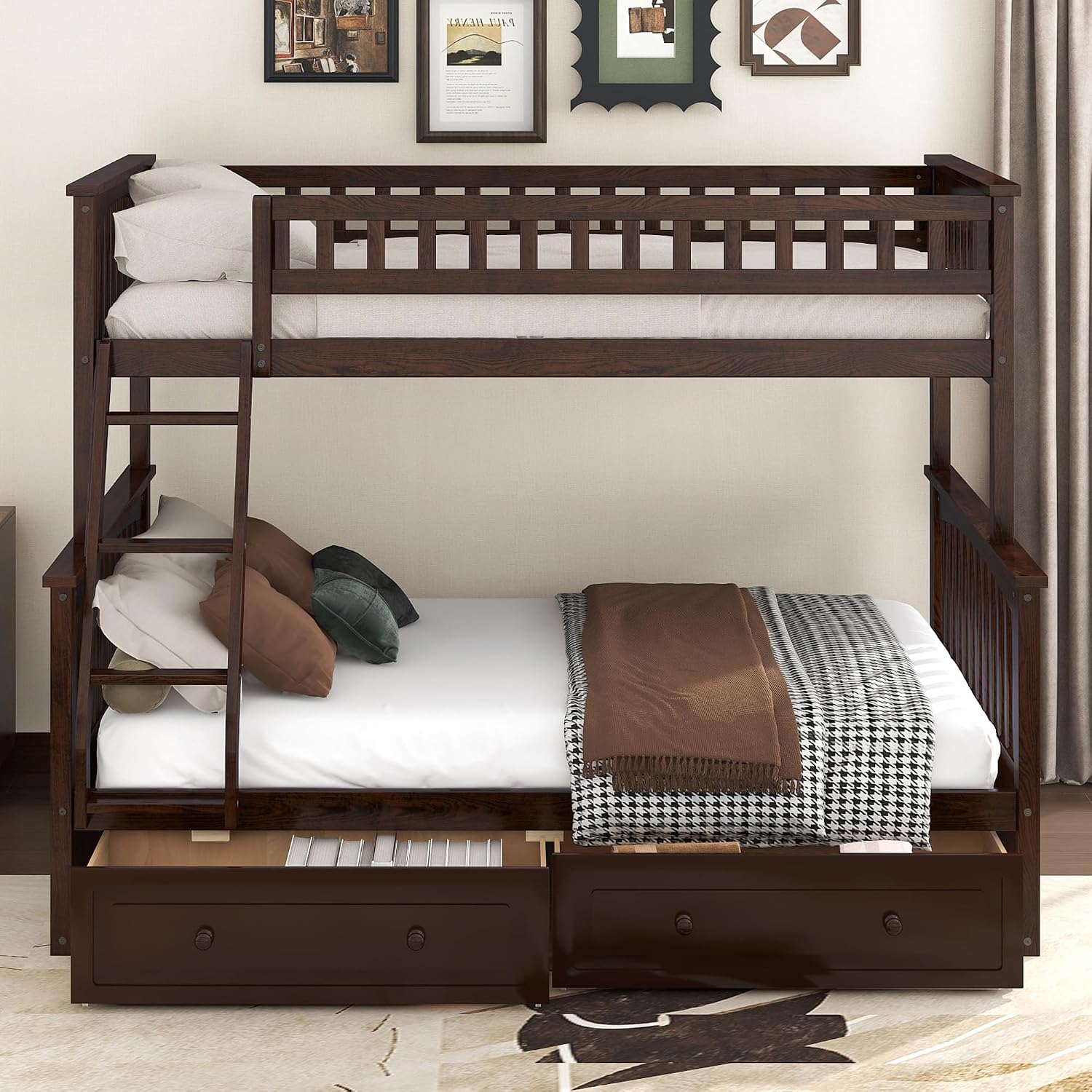 Merax Twin Over Full Bunk Bed with 2 Drawer and Ladder for Kids or Teens, Woooden Convertible Bunk Bed into 2 Beds with Guardrails for Safety, No Box Spring Needed, Espresso