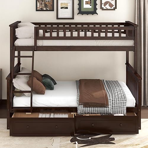 Miniatura 189 de Litera individual sobre matrimonial con cajones, escalera deslizante y almacenamiento, litera de madera con barandilla alta y escalera para niños,