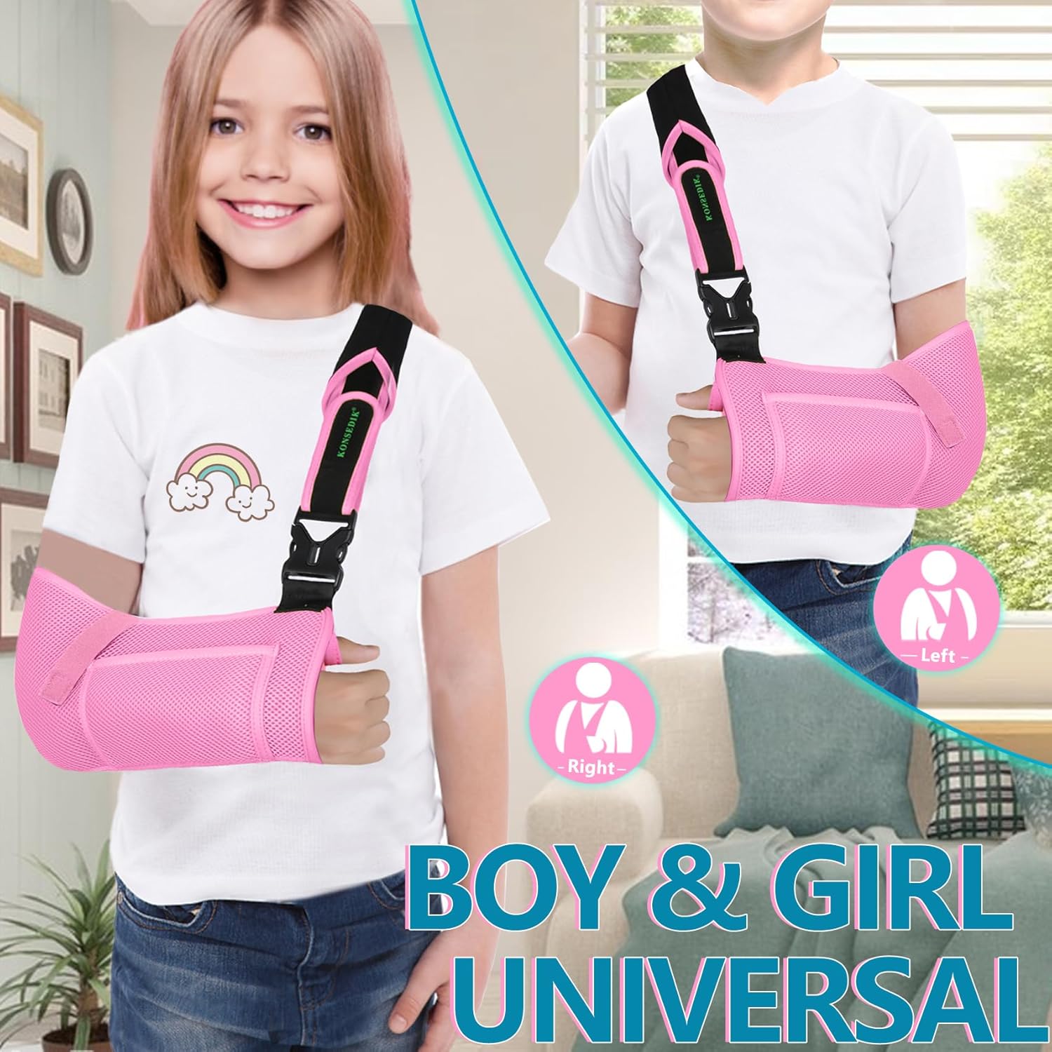 KONSEDIK Arm Sling for Kids - Adjustable Breathable Shoulder Immobilizer with Pockets,Supports Rotator Cuff Injury,Wrist,Elbow,Clavicle Fracture Recovery,Post-Surgery Sling for Left or Right Arm(Pink,X-Small)