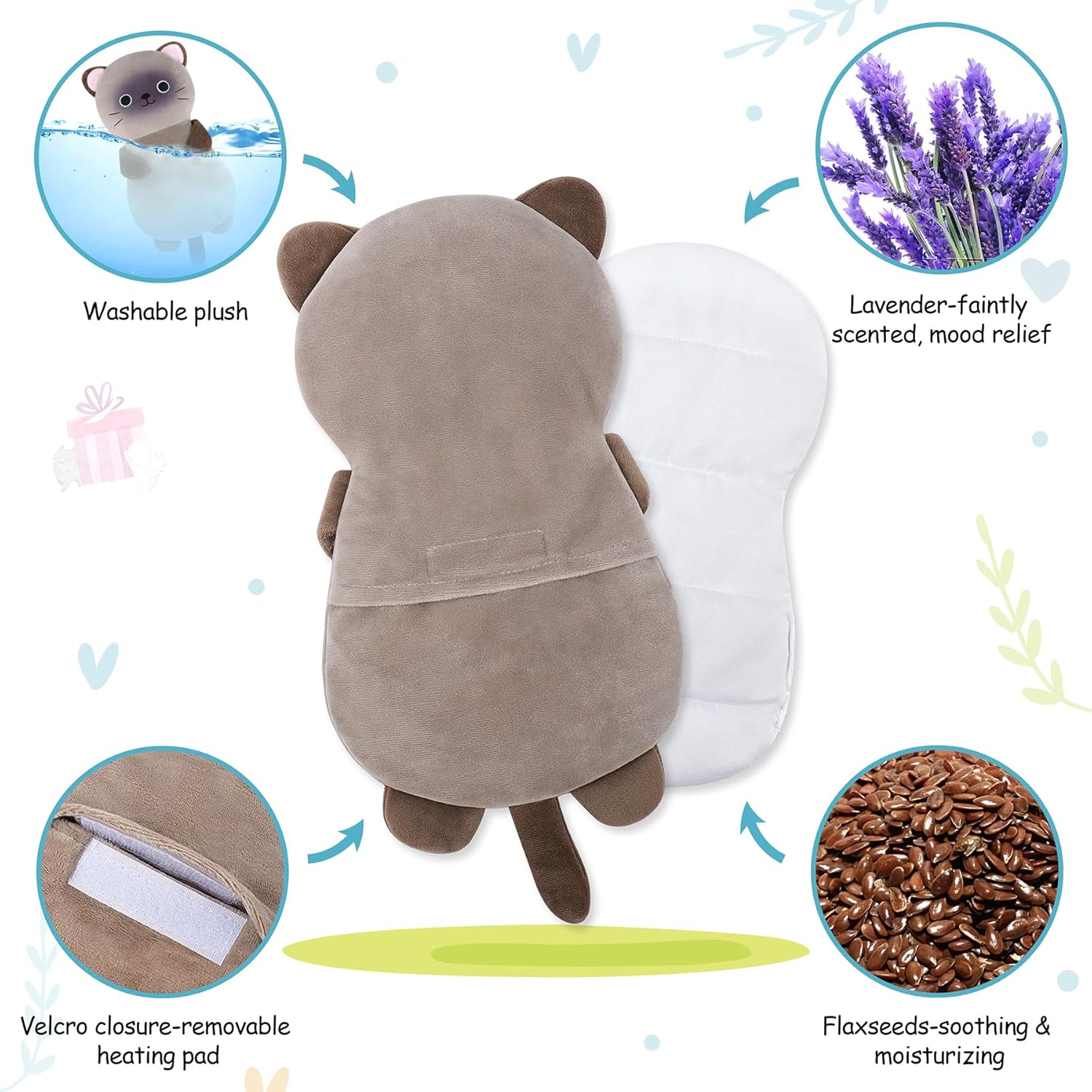 Microwave Heating Pad for Period Cramps & Pain Relief, Siamese Cat Microwavable Heating Pads for Valentines, Animals Heating Pad for Women Kids, Cat Plush Toys Warmer for Shoulder Neck Knee Back - Image 3