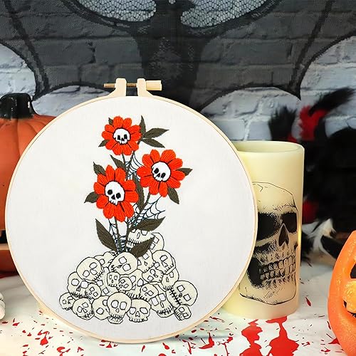 Miniatura 7 de Kit de iniciación de bordado gótico de Halloween para principiantes y adultos, kit de punto de cruz estampado para adultos principiantes, 3 aros de