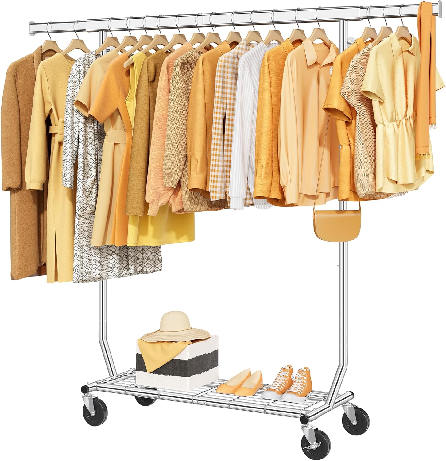 tajsoon clothes rack heavy duty load 350 lbs, 73.8' extendable & adjustable collapsible clothing rack for hanging clothes, rolling garment rack with lockable wheels for bedroom, laundry room, chrome chrome single rod commercial with shelf