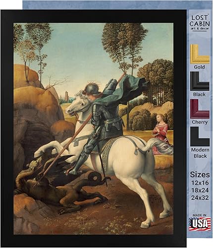 Cabaña perdida de San Jorge y el dragón de Raphael | Impresión en marco plano negro | Reproducción de pintura de obras de arte fino | Póster 2-San