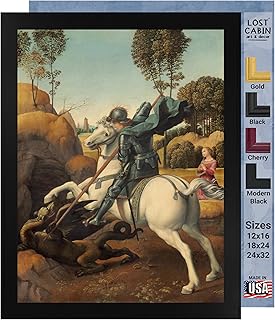 Lost Cabin St George & the Dragon by Raphael | Print in Black Flat Frame | Fine Artwork Painting Reproduction | Framed Wall Art Decor Poster Gift | Image: 12x16 Frame: 13.5x17.5