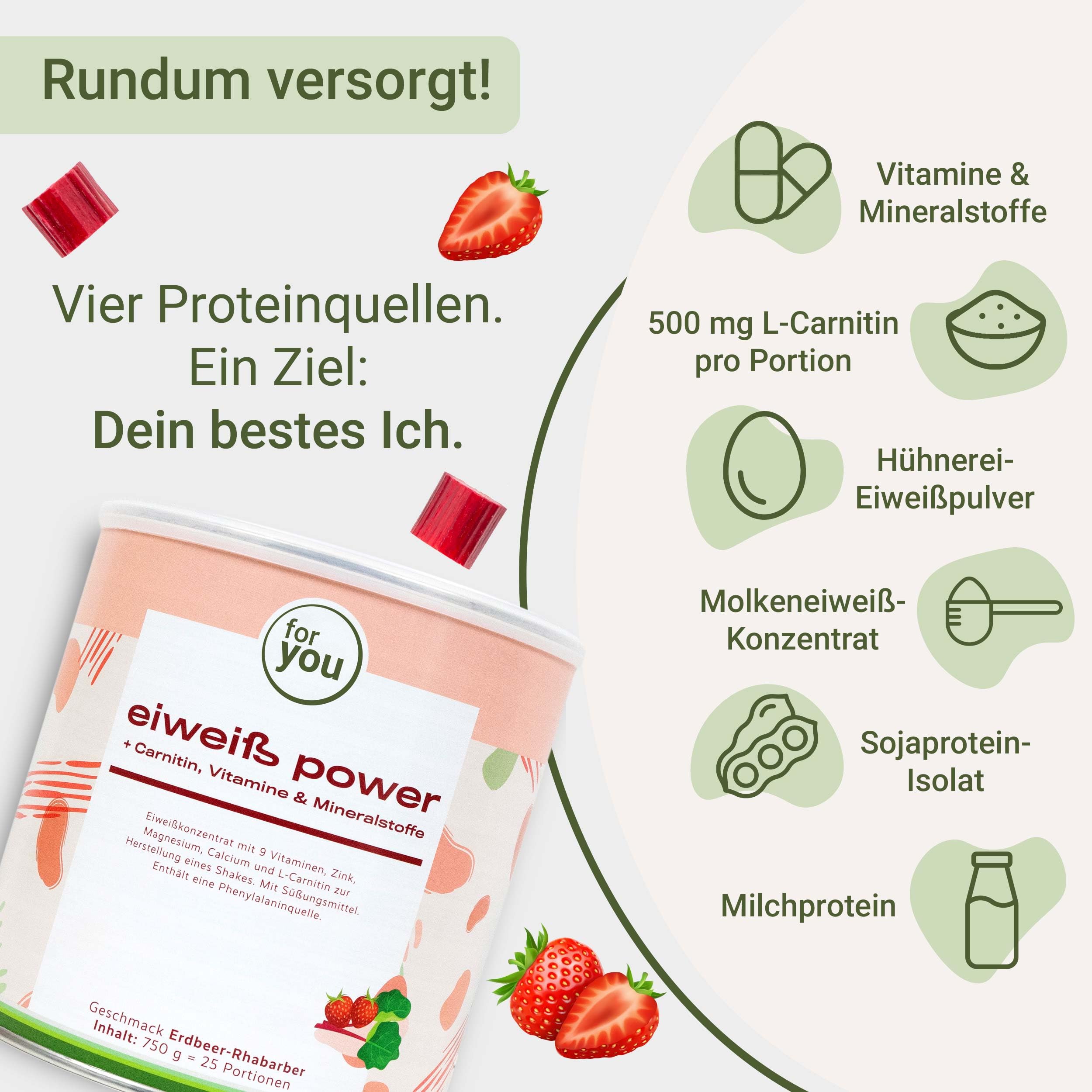 for you Power Eiweiß Erdbeer-Rhabarber 750 g + Gratis Shaker – Mehrkomponenten Eiweißpulver nach Dr. Strunz mit L-Carnitin, Vitaminen & Mineralstoffen | Muskelaufbau & Regeneration | Sehr gut löslich