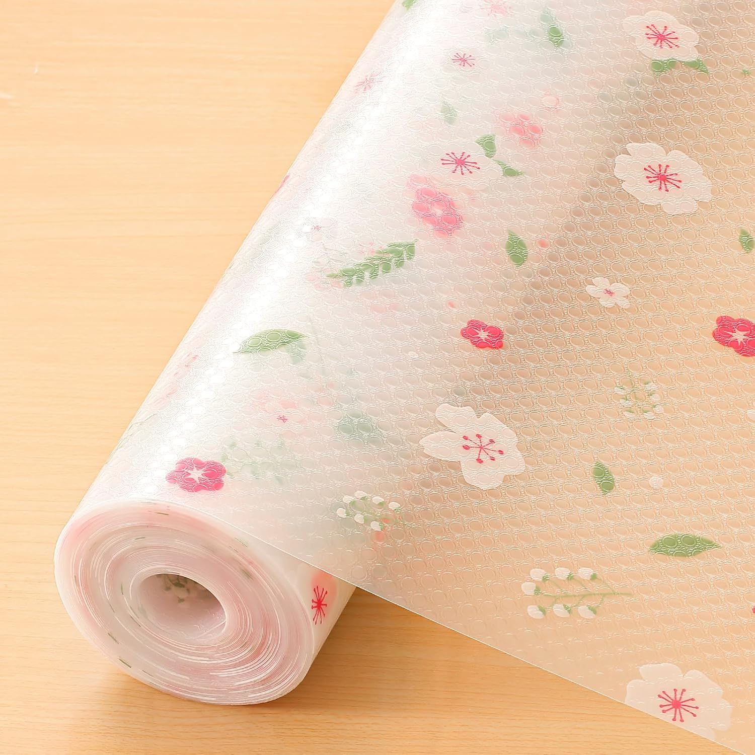 Non-Slip Shelf Liner Roll Waterproof 45 cm x 3 m | Drawer & Cabinet Mat, Easy to Cut, Washable, Floral Print Design, Green Pink Flower-image-2