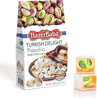 Hazer Baba Turkish Delight Pistachio Candy, 3.5oz (Pack of 1),Gourmet Snack Box, Traditional, Vegan Snack, Turkish Lokum, Unique Sweets, Loukumi, Delicias Turcas, Halal, Kosher
