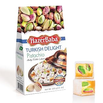 Hazer Baba Turkish Delight Pistachio Candy, 3.5oz Pack of 1,Gourmet Snack Box, Traditional, Vegan Snack, Turkish Lokum, Unique Sweets, Loukumi, Delicias Turcas, Halal, Kosher