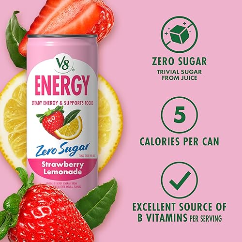 Miniatura 5 de V8 Energy Zero Sugar Limonada de fresa, lata de 8 onzas líquidas (paquete de 6)