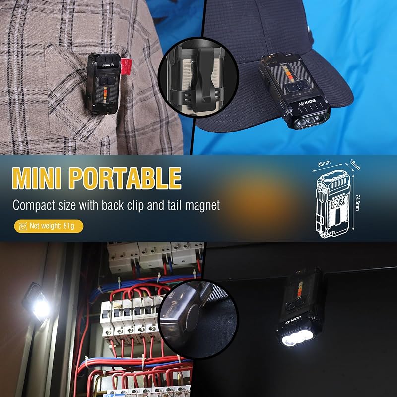 BORUIT V15 Mini LED Lámpa 1200 Lumen, 80° Forgatható, 10 Mód, IP67 Vízálló, Mágneses Camping Lámpa