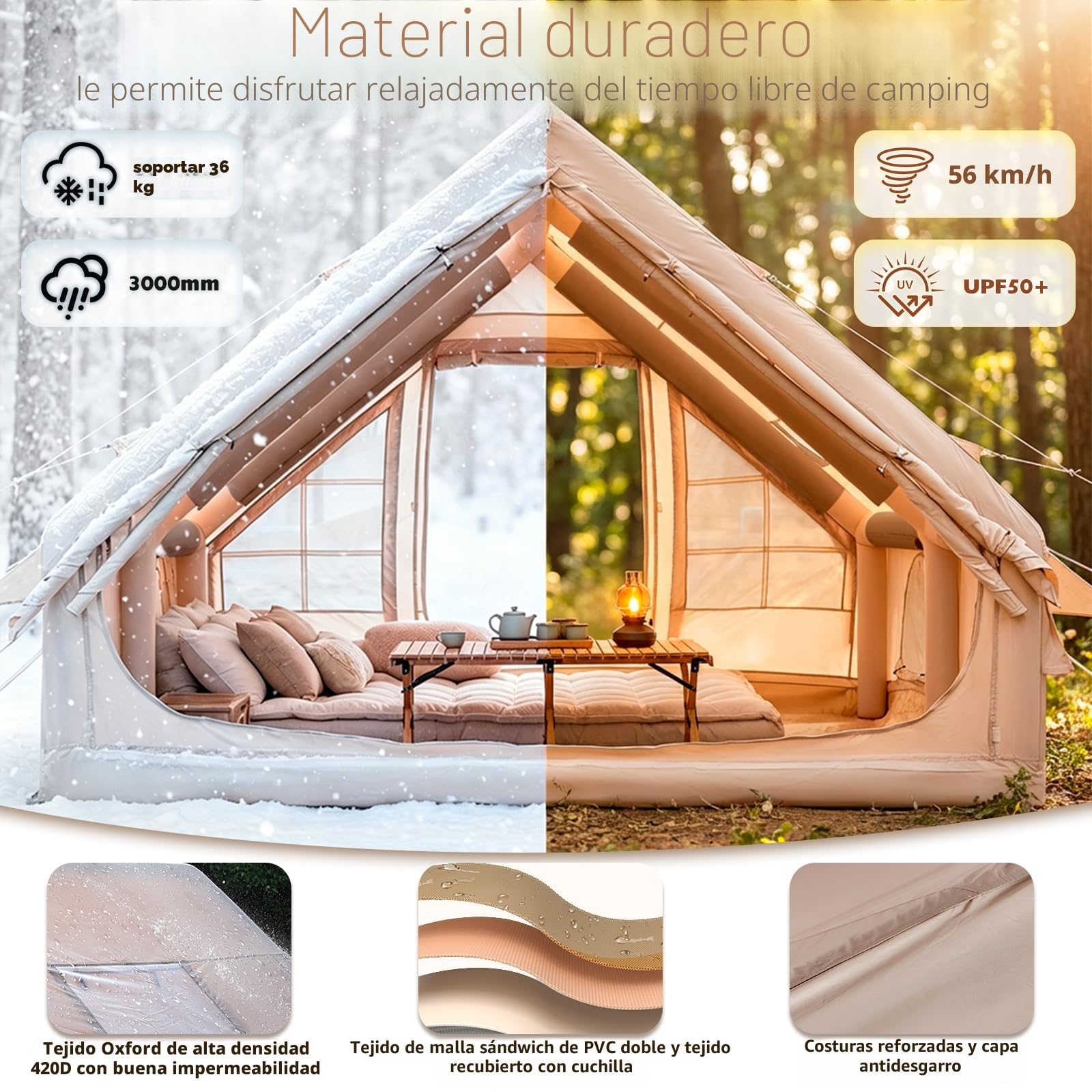 Tienda de campaña inflable con bomba, tienda de campaña inflable para camping, 4 temporadas, resistente al agua y al viento, tienda de campaña Oxford con ventanas y puertas de malla para 2-4 personas,