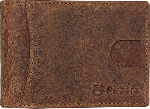 Pitaara Cartera plegable de cuero genuino delgada hecha a mano con bolsillo frontal minimalista con bloqueo RFID y clip para dinero para hombres