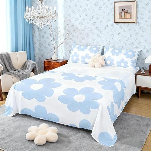 Manfei Juego de sábanas bajeras de 4 piezas con diseño de margaritas y diseño retro de los años 70, para decoración de habitación de adolescentes,