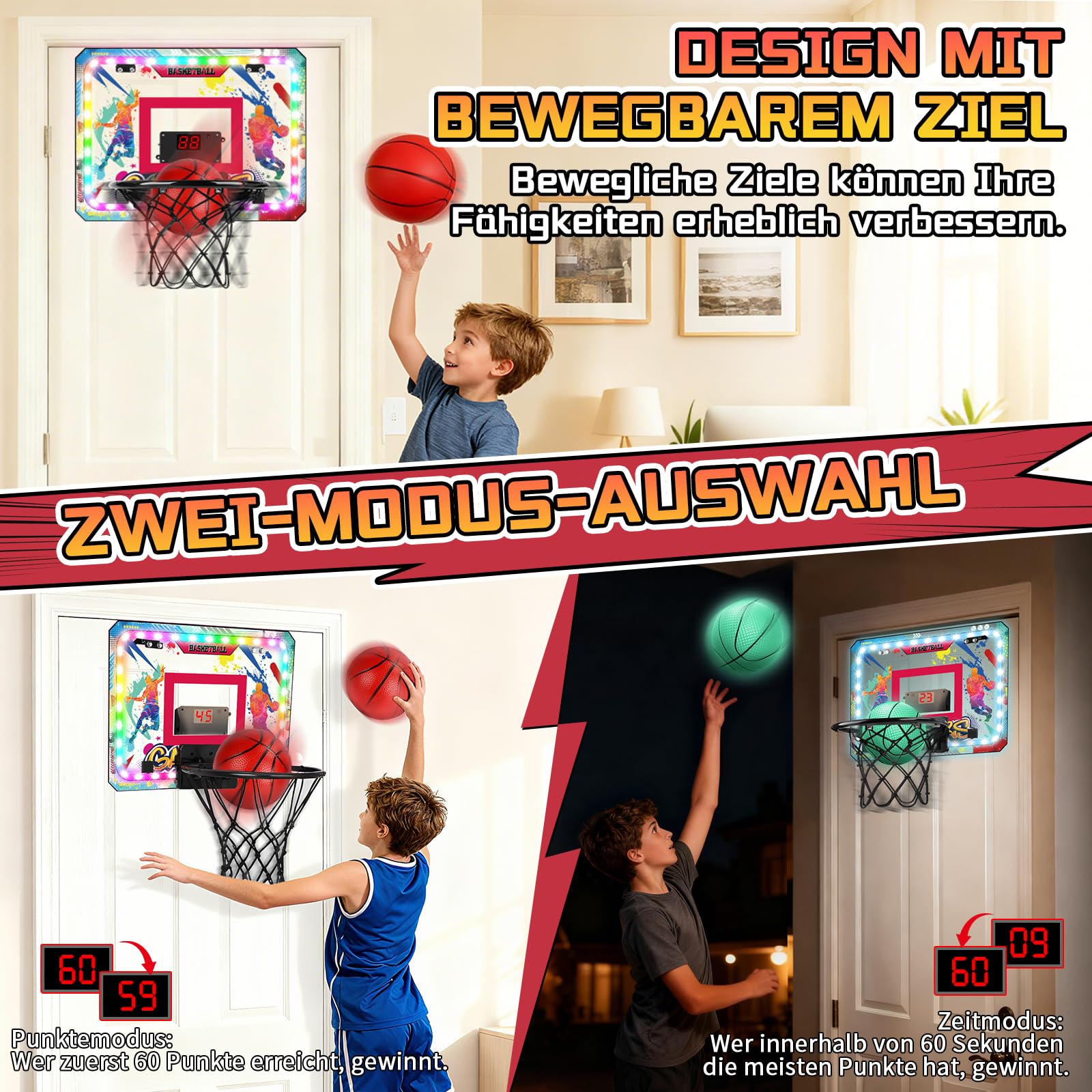 Bewegliches Basketballkorb Indoor, Mini Basketballkorb fürs Zimmer Tür mit Fernbedienungen, Leuchtend Bällen, Anzeigetafel, 10 Farben Lichter, Basketballbrett Kinder für Jungen Mädchen