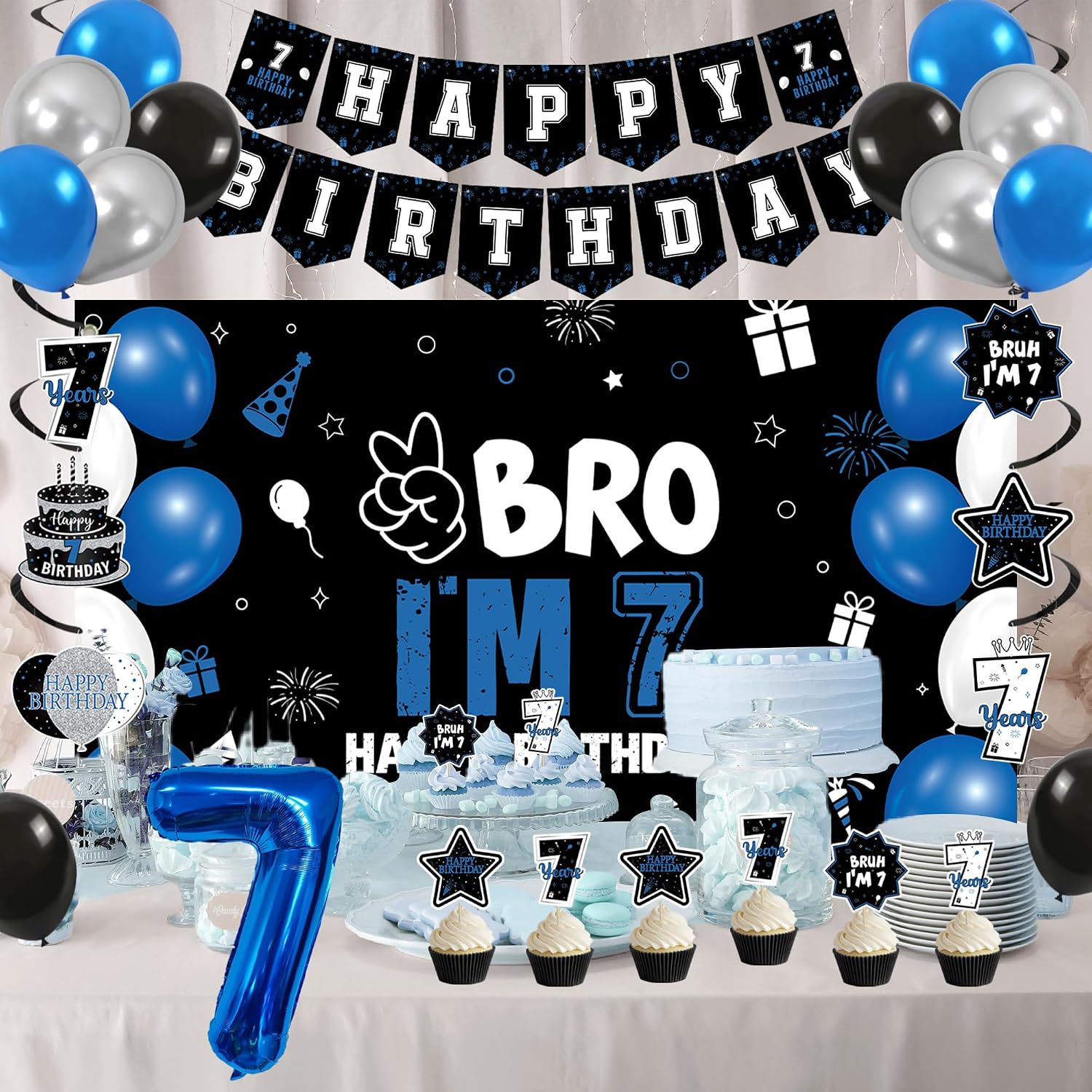 Vlipoeasn Blue 7th Birthday Decorations Set for Boys Girls(35PC) | Bruh I'm 7 Backdrop Banner, Number 7 Balloon, Cake Topper, 7th Birthday Hanging Swirls, 7 Years Old Birthday Party Supplies