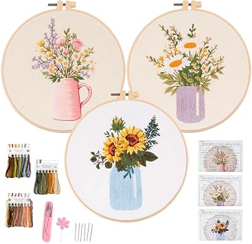 Myfelicity Embroidery kit,Floral Embroidery Art Kit, Set of 3, Decorative Pitcher Designs with Sunflowers and Wildflowers