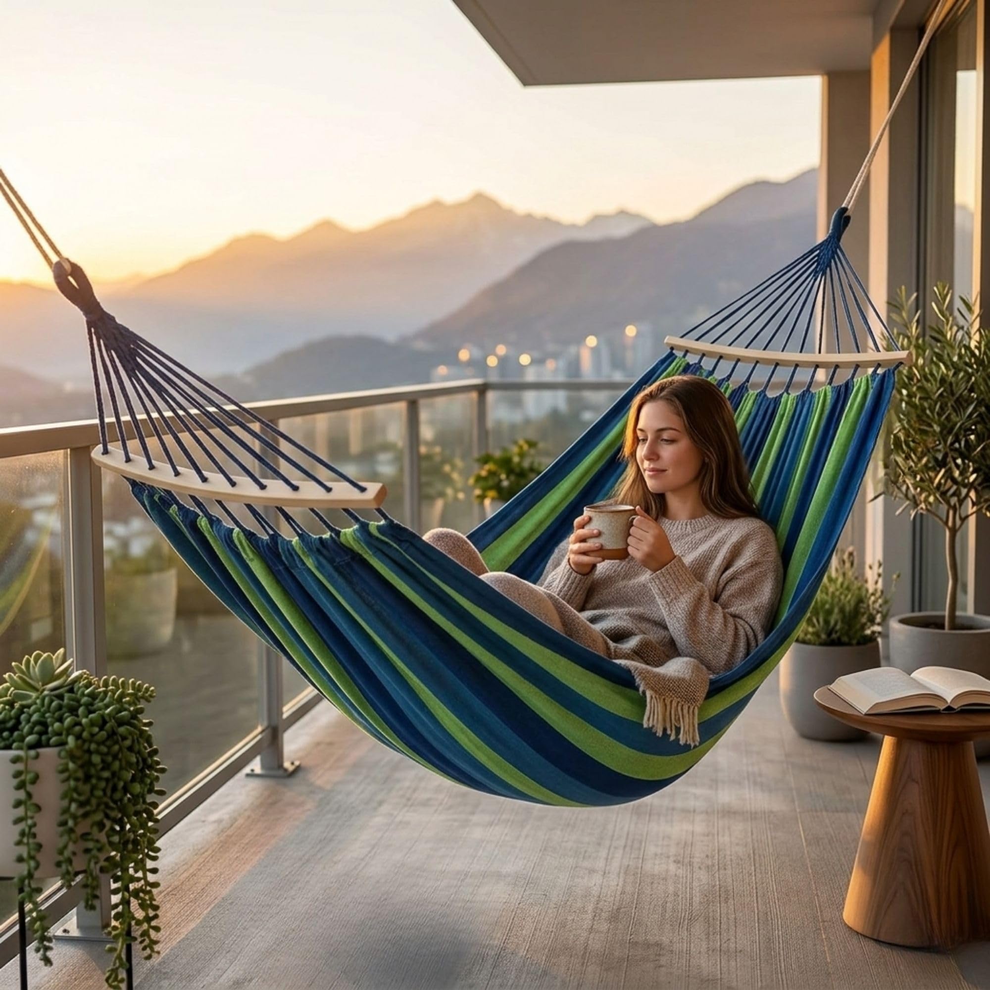 Baskety Cotton Fabric Canvas Travel Hammock with Hardwood Spreader Bar Camping Hammock Swing Bed Outdoor Indoor Use Tree Hanging Beach for Garden, Patio, Balcony, Travel (280 x 100 cm, Blue) 4