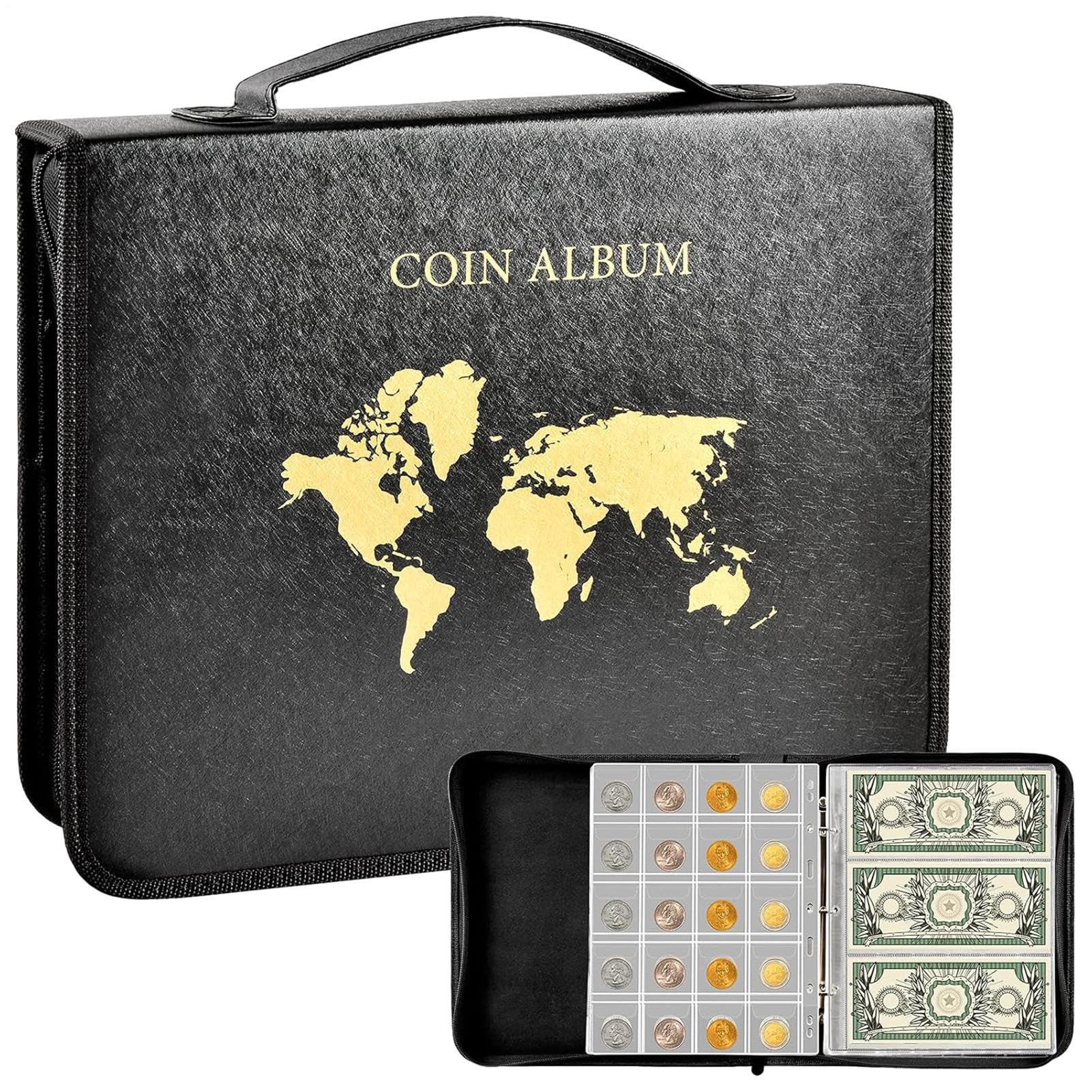 Generisch Collezionista di monete – Album di monete trasparente portatile | raccoglitore con copertina in pelle resistente per monete, gettoni, valute, francobolli hobbisti, numismatici