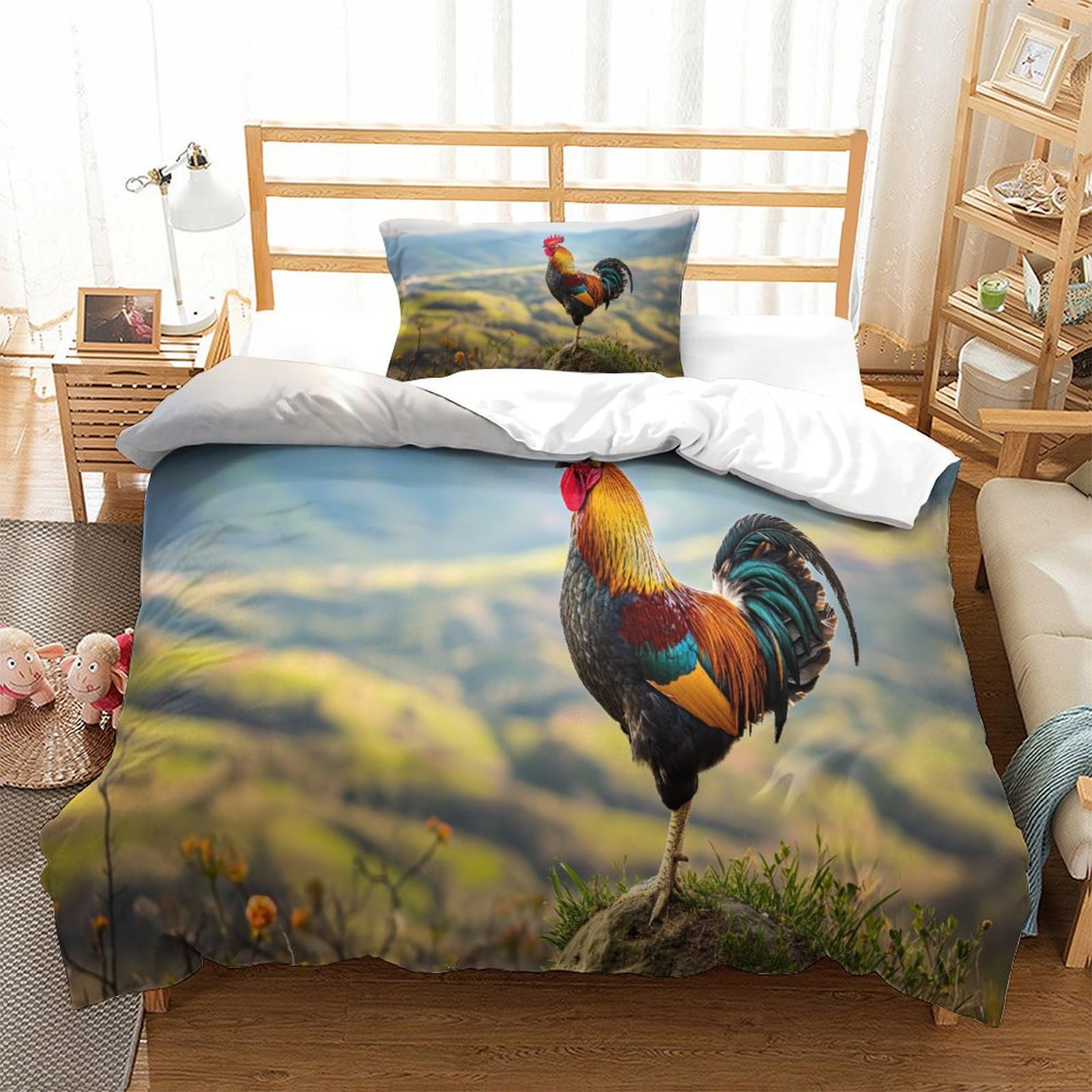 P1s9u7w5y Gallic Rooster-6 Rustic 3D Printed Rooster Duvet Cover Set 3Pcs Microfiber Country Rooster Bedding Set Single（135X200cm）