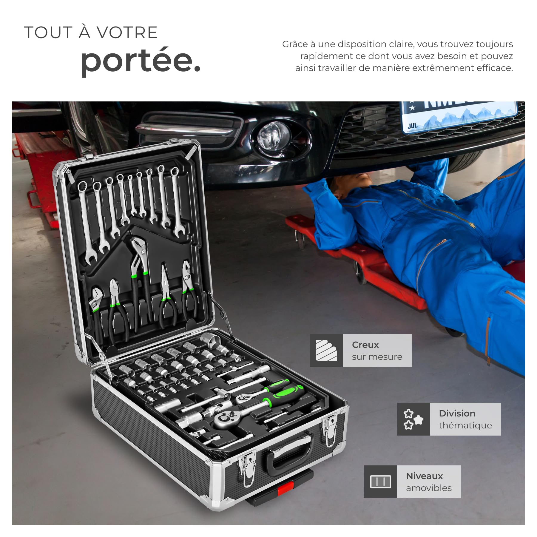 tectake Caisse à outils sur roulettes Servante d'atelier complète avec outils 1200 pièces - Rangement atelier Outillage à main Bricolage Embout visseuse Kit tournevis