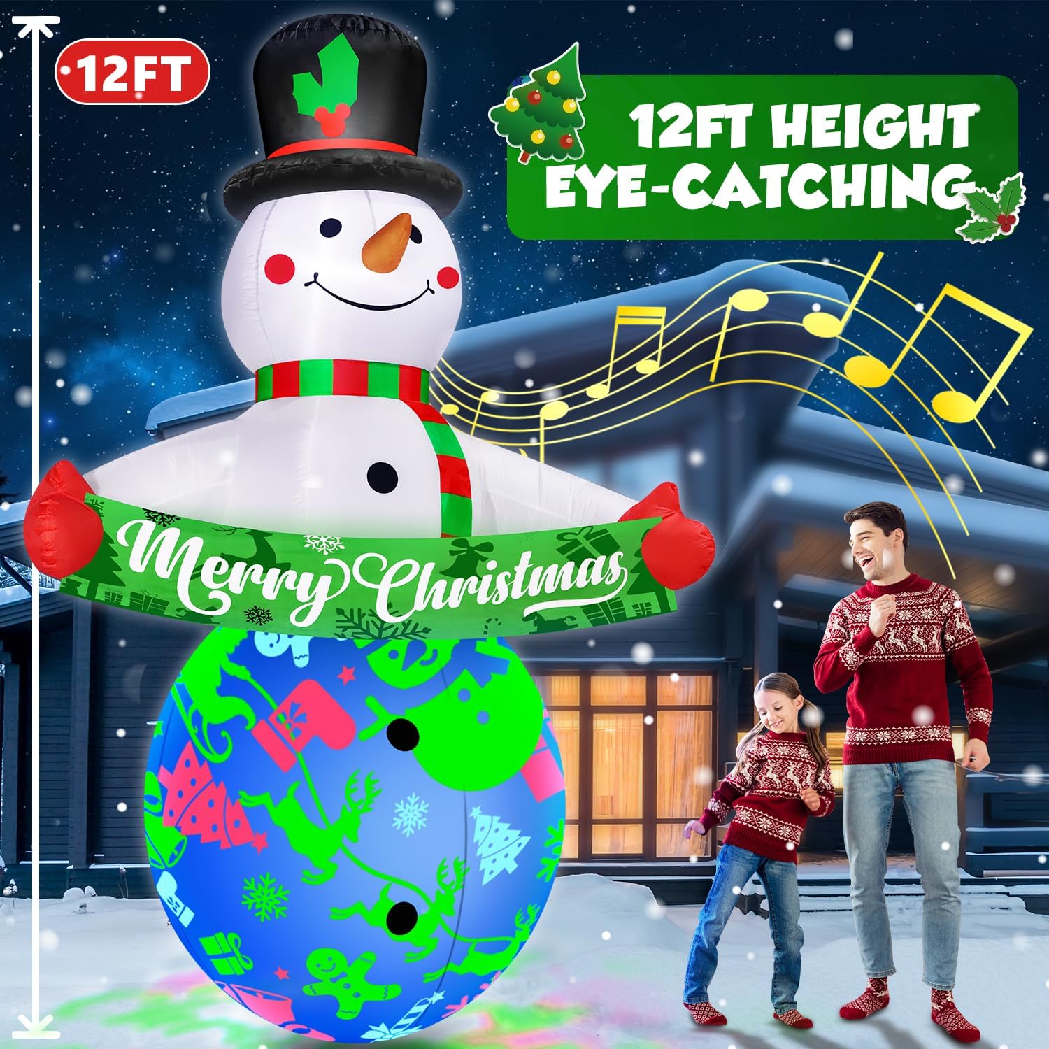 12FT Giant Christmas Inflatables Snowman Decorations Built-in Music & 360° Rotation 3-Color Projector LED Light Huge Christmas Blow Up Yard Decorations Outdoor Xmas Garden New Year