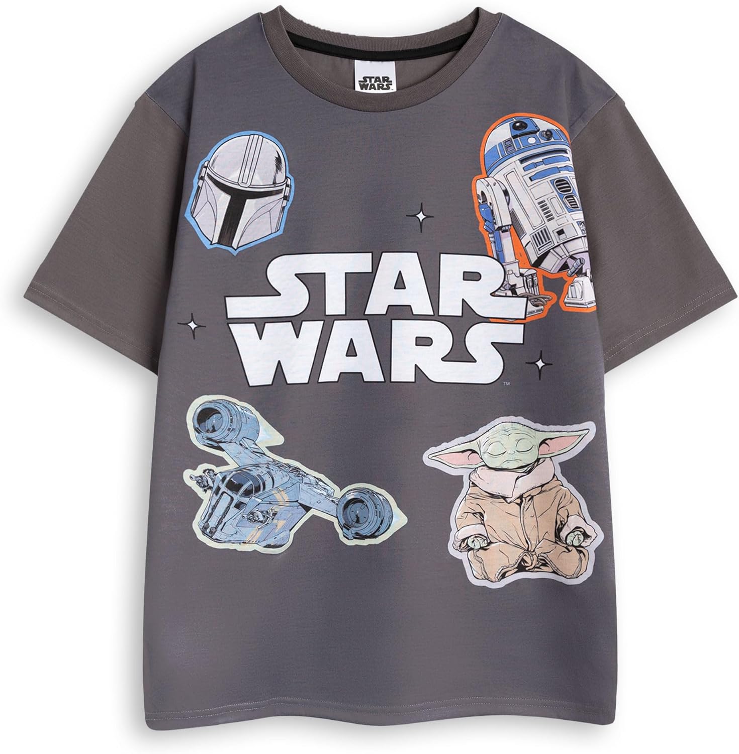 STAR WARS R2D2 Yoda Boba Fett Grey Short Sleeve Long Leg Pyjama Set | Kids Unisex Sleepwear with Movie Characters