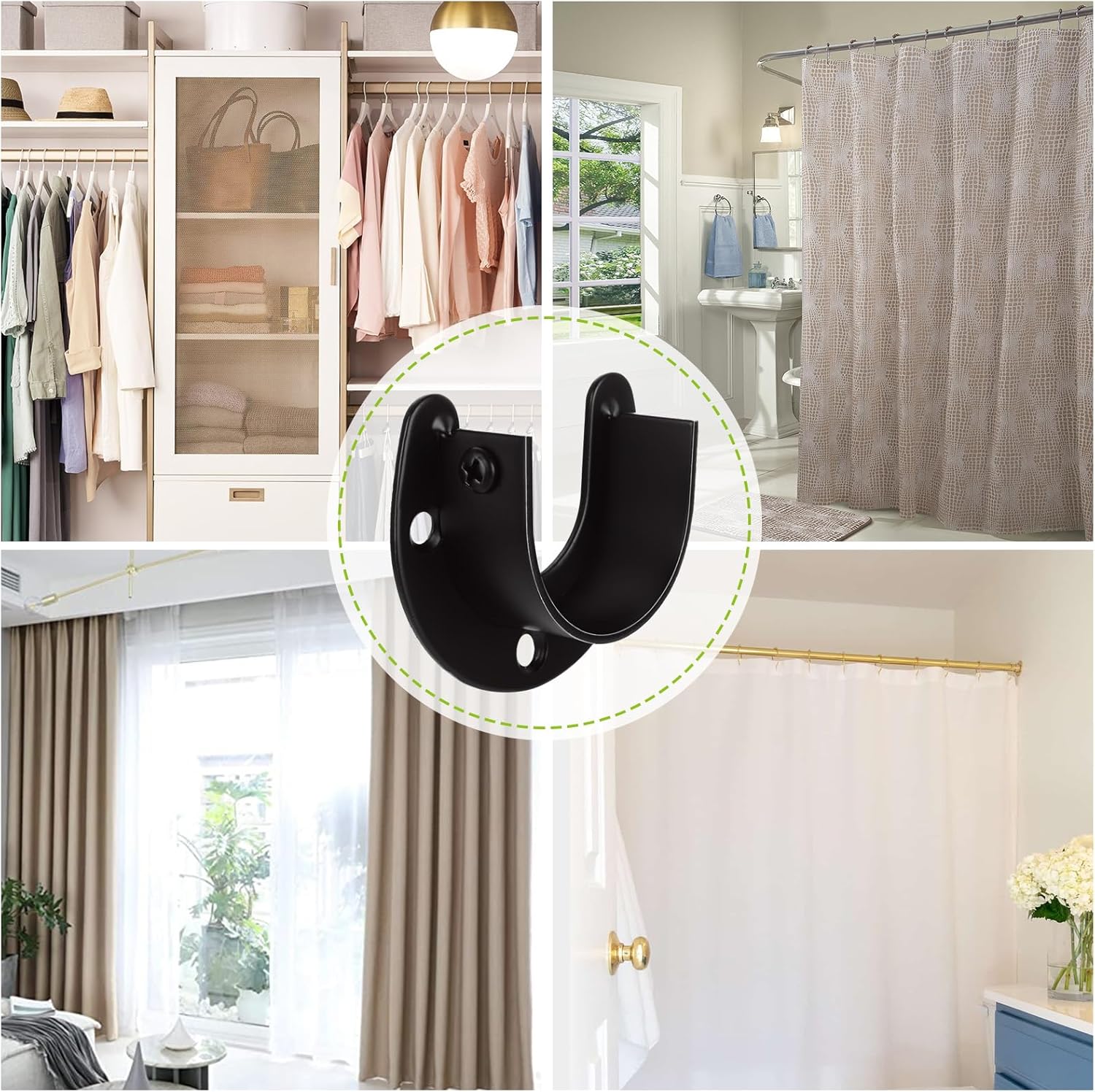 ABuff 10 Pack Stainless Steel Closet Rod Bracket, 1-1/2" Diameter Closet Rod Holder, Heavy Duty ClosetRod Support Brackets, U Shaped Flange RodHolder for Pipe, Closets, Shower Curtain Rods (Black)