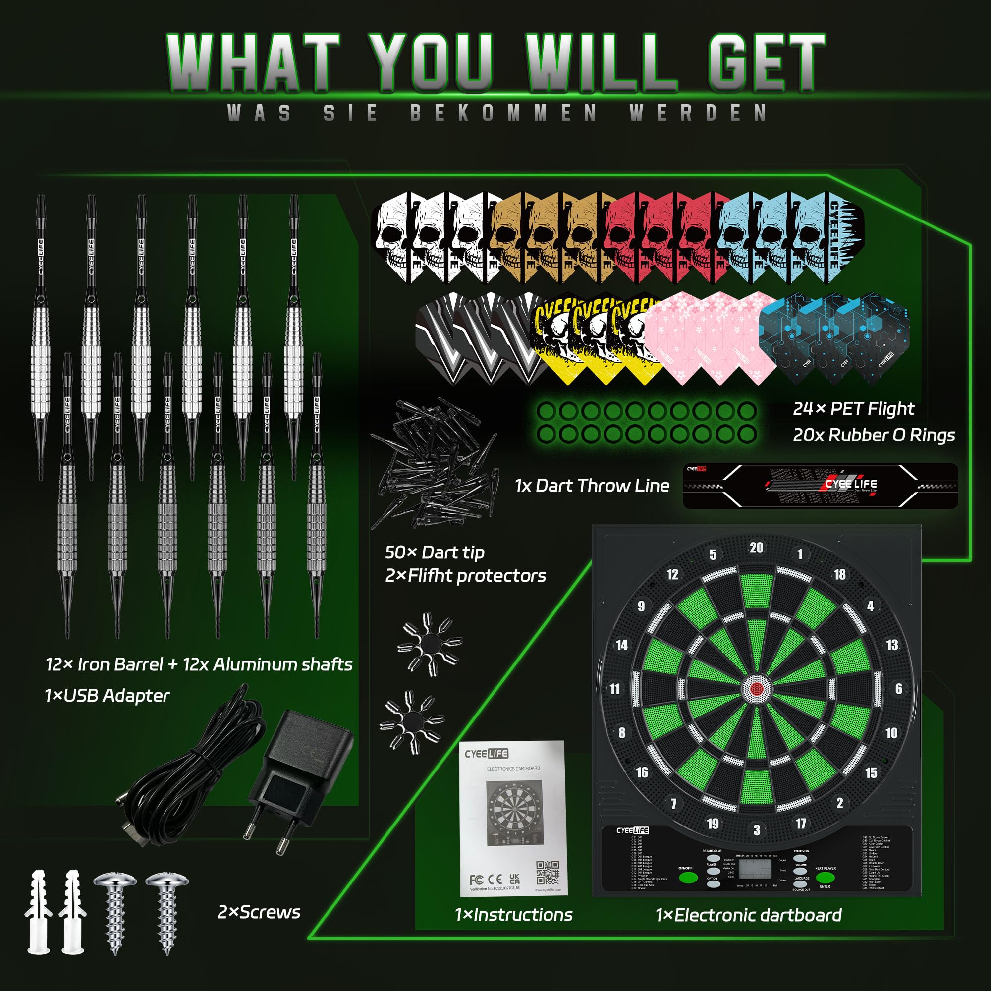 CyeeLife Tavola da Freccette Elettronica Dartboard 12 Frecce 50 Punte 24 Voli Accessori 1-8 Giocatori