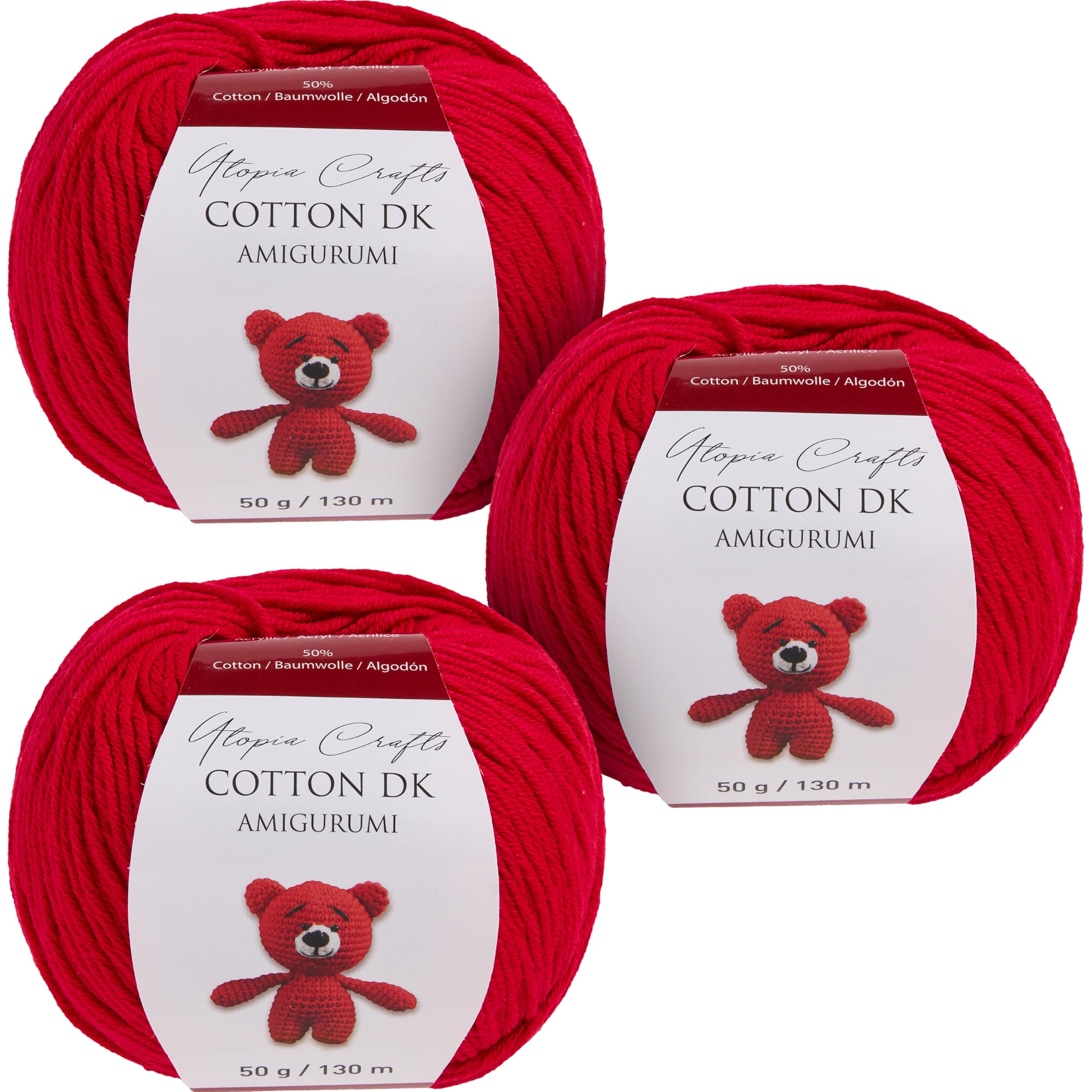 Utopia Crafts Amigurumi Cotton DK Yarn for Crochet and Knitting 50% Cotton, 50% Acrylic Blended, 3X 50g (Strong Red)