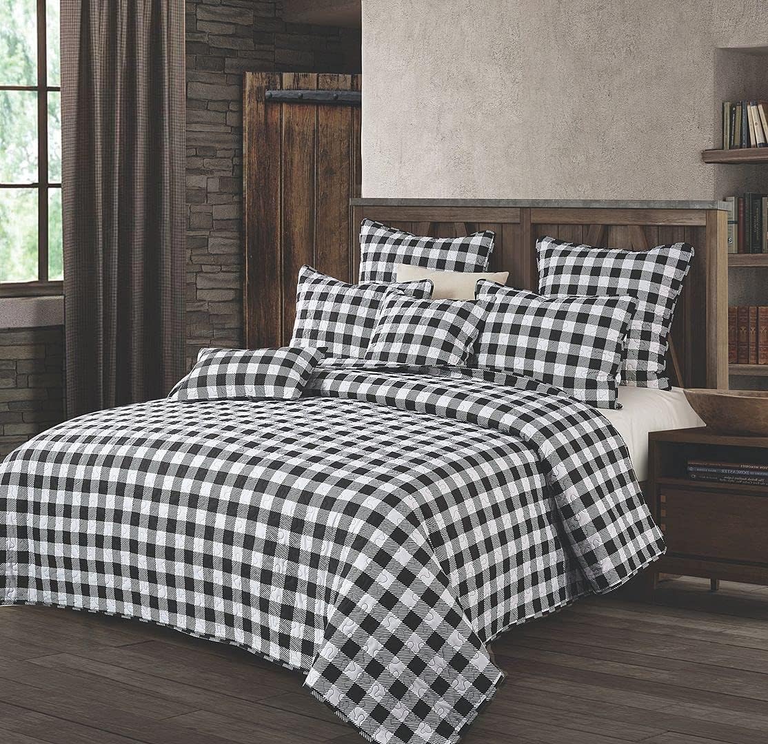 Virah Bella 3 Piece King Cabin Quilt Bedding Set - Black & White Plaid - Rustic Country Reversible Patchwork Comforter Set with Decorative Pillow Shams