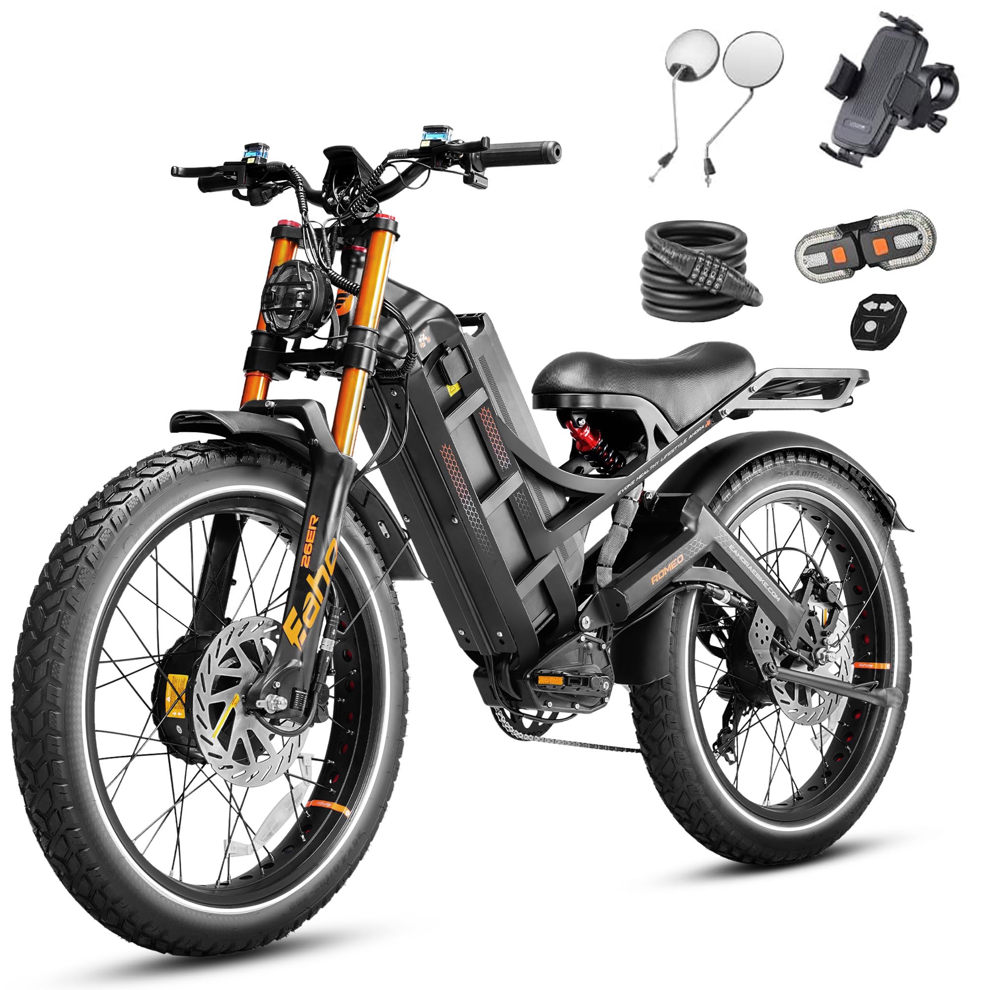 eAhora Romeo Pro 3 Peak 5600W Electric Bike for Adults 50Mph, 60V 80Ah Battery 250 Miles,Long Range Dual Motors Ebike,26"*4.0 Fat Tire Full Suspension