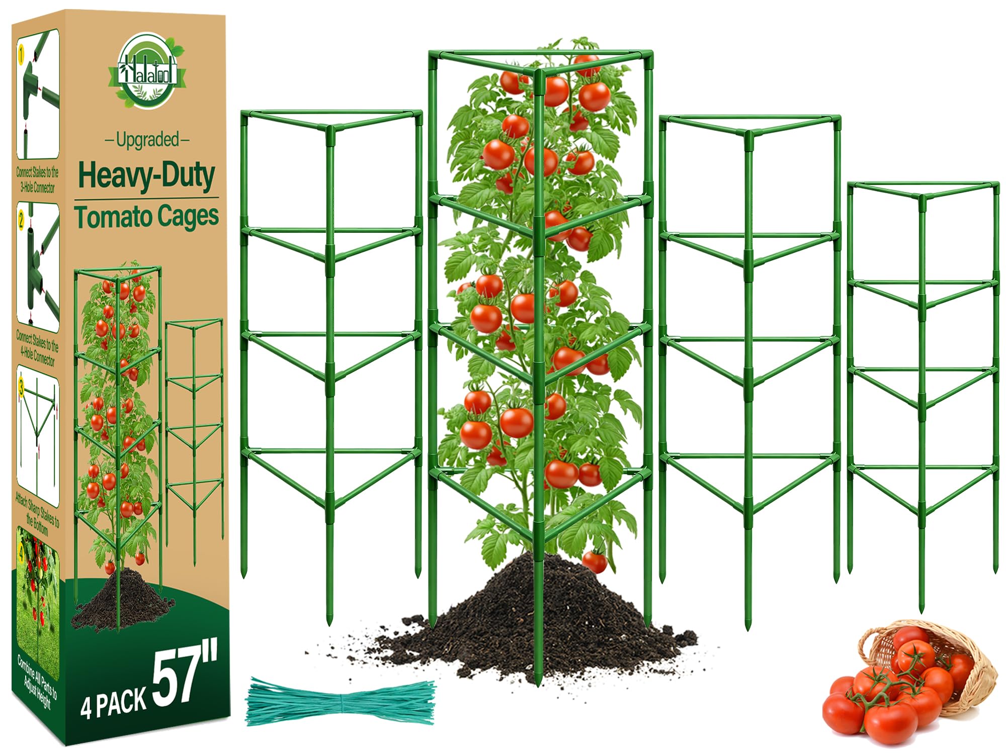 Halatool 57 Tall Tomato Cages, 4 Pack Heavy Duty Plant Support for Garden | Metal Stakes for Raised Beds and Pots, Adjustable Foldable Trellis for Cucumbers, Peppers, Flowers, and Climbing Plants
