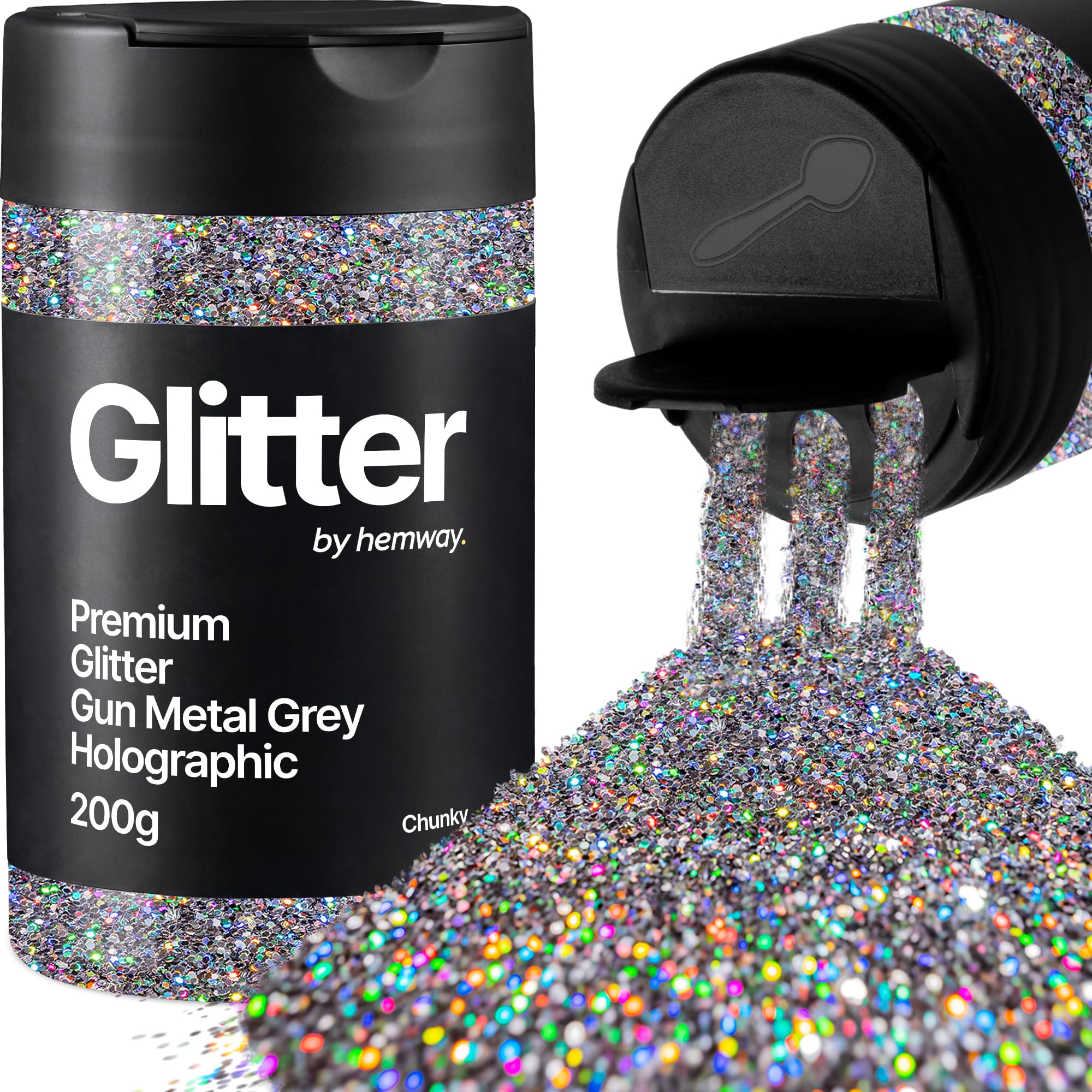 Hemway Gun Metal Grey Holographic Glitter Shaker, 200g Chunky Glitter for Crafts Metallic Flake Sequins for Resin & Epoxy Crafts for Decorating, Halloween, Christmas, Nail, Face, Art