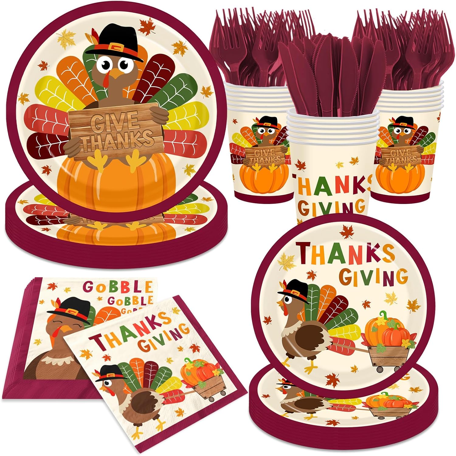Turkey Thanksgiving Paper Plates and Napkins Party Supplies Kit, Turkey Theme Fall Plates and Napkins for Thanksgiving Party Decorations, Serve 24