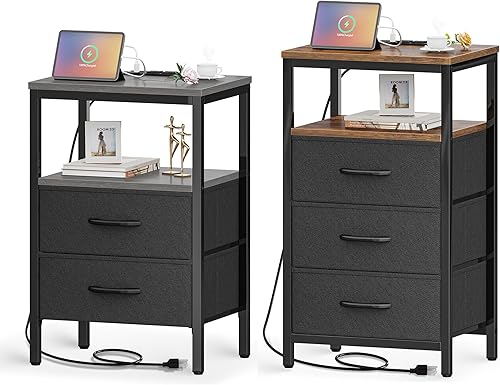 Mesita de noche con estación de carga, mesa auxiliar con puertos USB y tomas de corriente