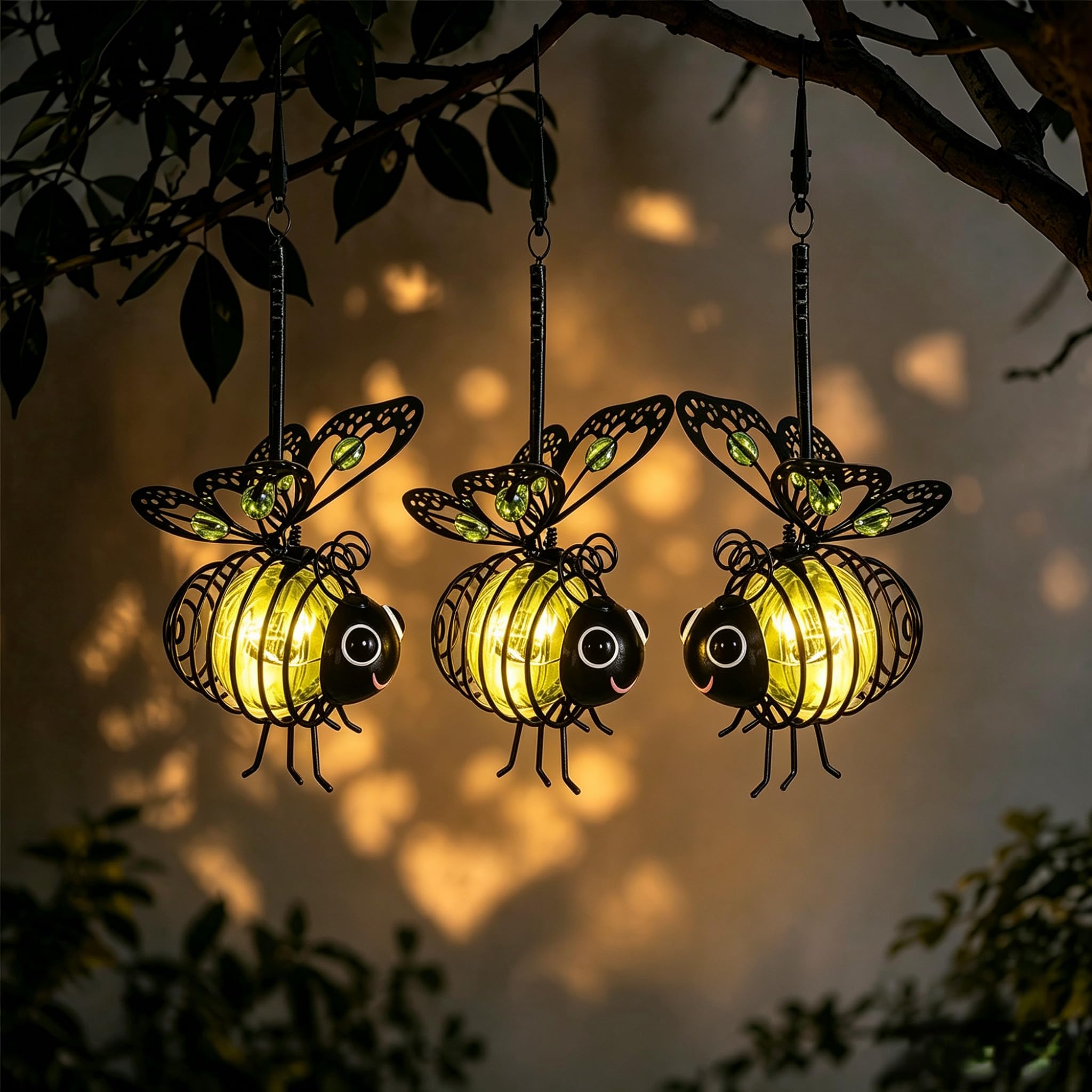 Crgangzy 3Pcs Bee Solar Lights Outdoor Garden, Metal Solar-Powered Hanging Bee Light