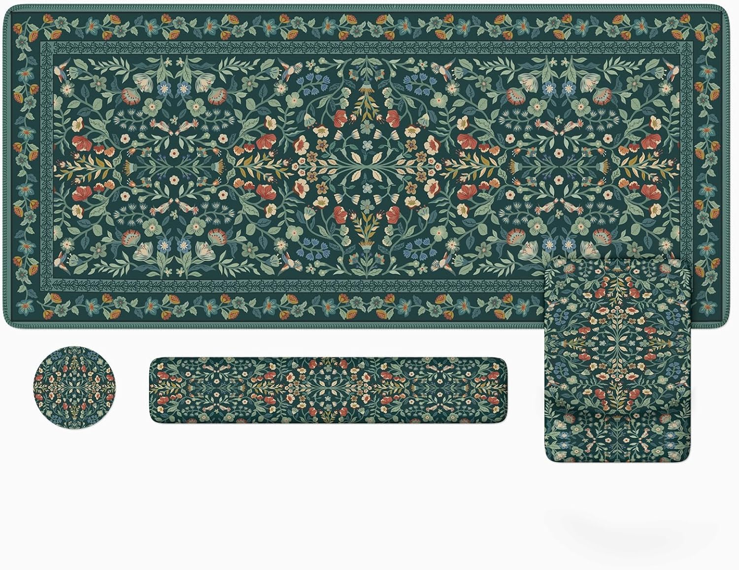 iLeadon Mouse Pad and Keyboard Wrist Rest, Extra Large Mouse Pad Set, Memory Foam Wrist Support for Keyboard, Ultra Smooth Dark Green Desk Mat Sets for Office Women(Floral)