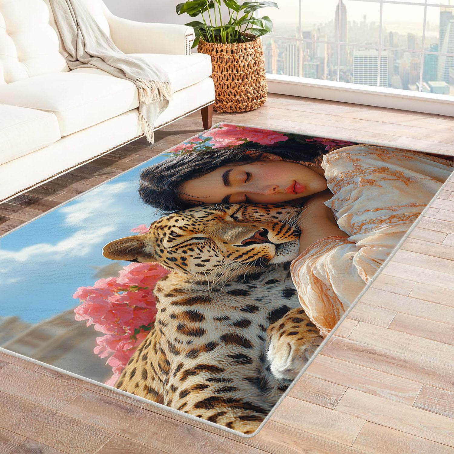 Tapis léopards bleu lavable 120x180cm, la solution anti-glisse de votre salon