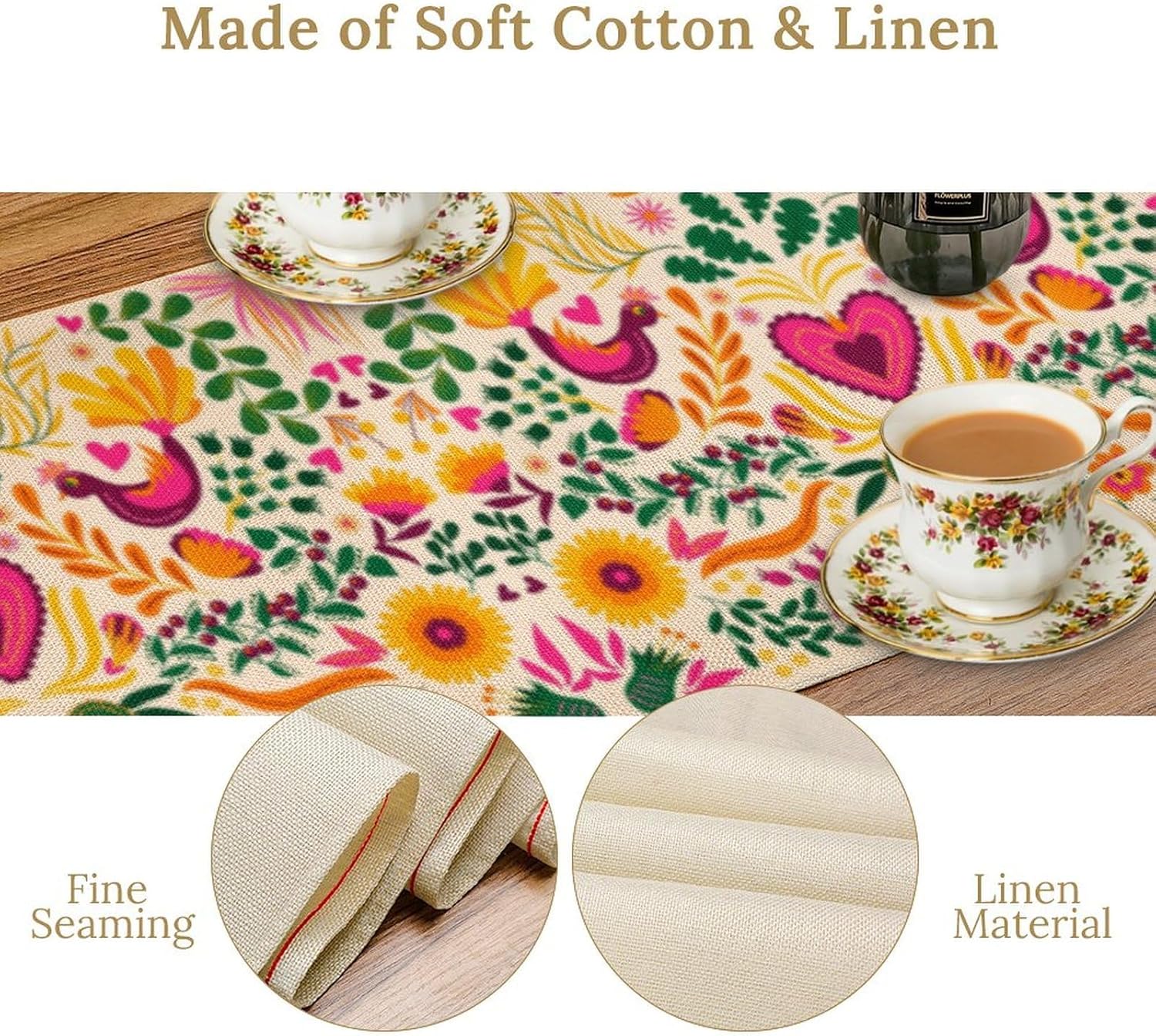 Mexican Fiesta Floral Table Runner, Cinco De Mayo Decoration Dia De Los Muertos Fiesta Party Supply Home Kitchen Altar Decor Dining Room Decor 13x108inch