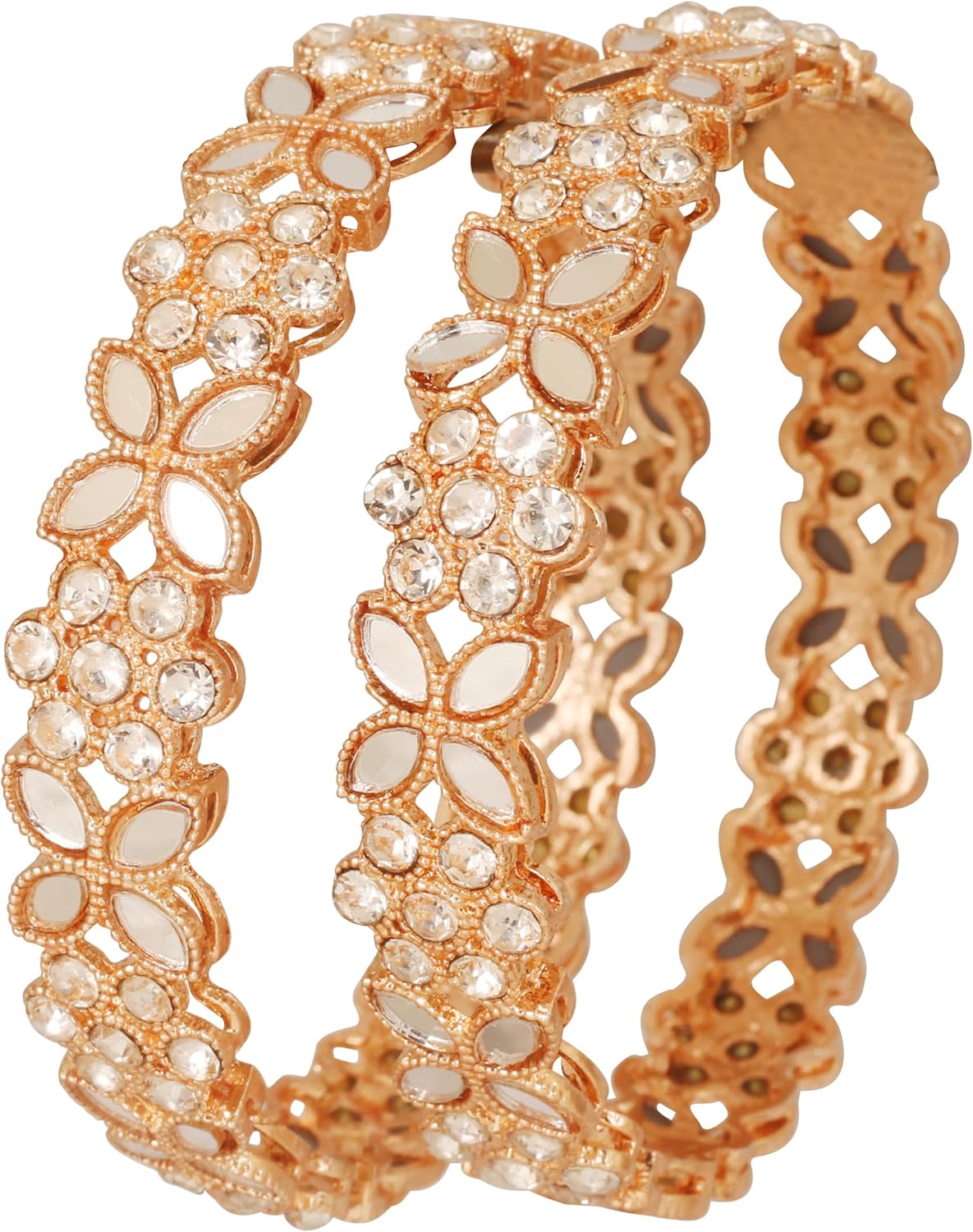 Touchstone Indian Bollywood Handcrafted Traditional Stylish Floral Work Rhinestone Designer Jewelry Thick Bracelets Bangle in Gold Tone. for Women.