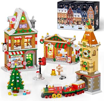 INSOON 2025 Advent Calendar Christmas Mini Building Set with Light, 24 Days Countdown City Main Street Building Block Kit with Xmas Tree, Holiday Gift Building Toys for Adults Kids Boys Girls Ages 8+
