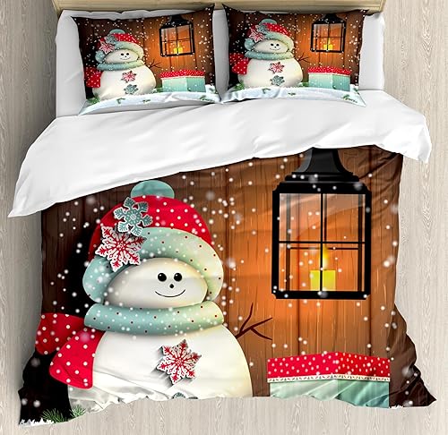 Miniatura 1 de Ambesonne Juego de funda de edredón de Navidad, muñeco de nieve con sombrero de Papá Noel en el jardín con una caja de regalo e imagen de dibujos