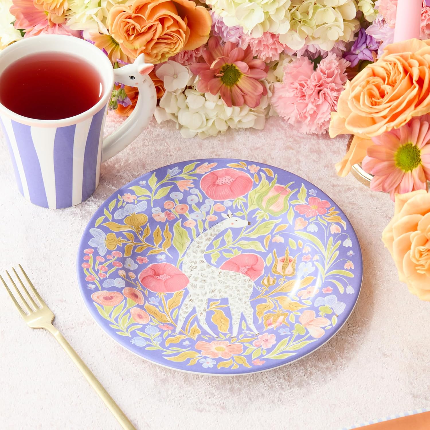 Menagerie Ceramic ROUND PLATTER 13 Inches, pastel giraffe‑themed serving platter with floral accents, ideal for appetizers, desserts, brunch spreads, decorative display
