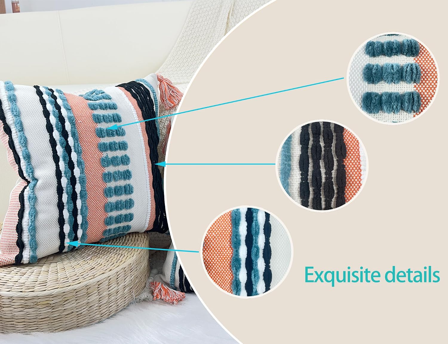 NUYECY Boho Throw Pillow Covers 16x16 Aesthetic Neutral Boucle Couch Pillow Cover Rainbow Striped Decorative Accent Pillow Case for Couch Bed Sofa Farmhouse Bedroom,Modern Funky,Set of 2 Turquoise